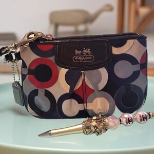 Coach Red and Blue Circle Pattern Wristlet / With Tag. And A Designer Pen.